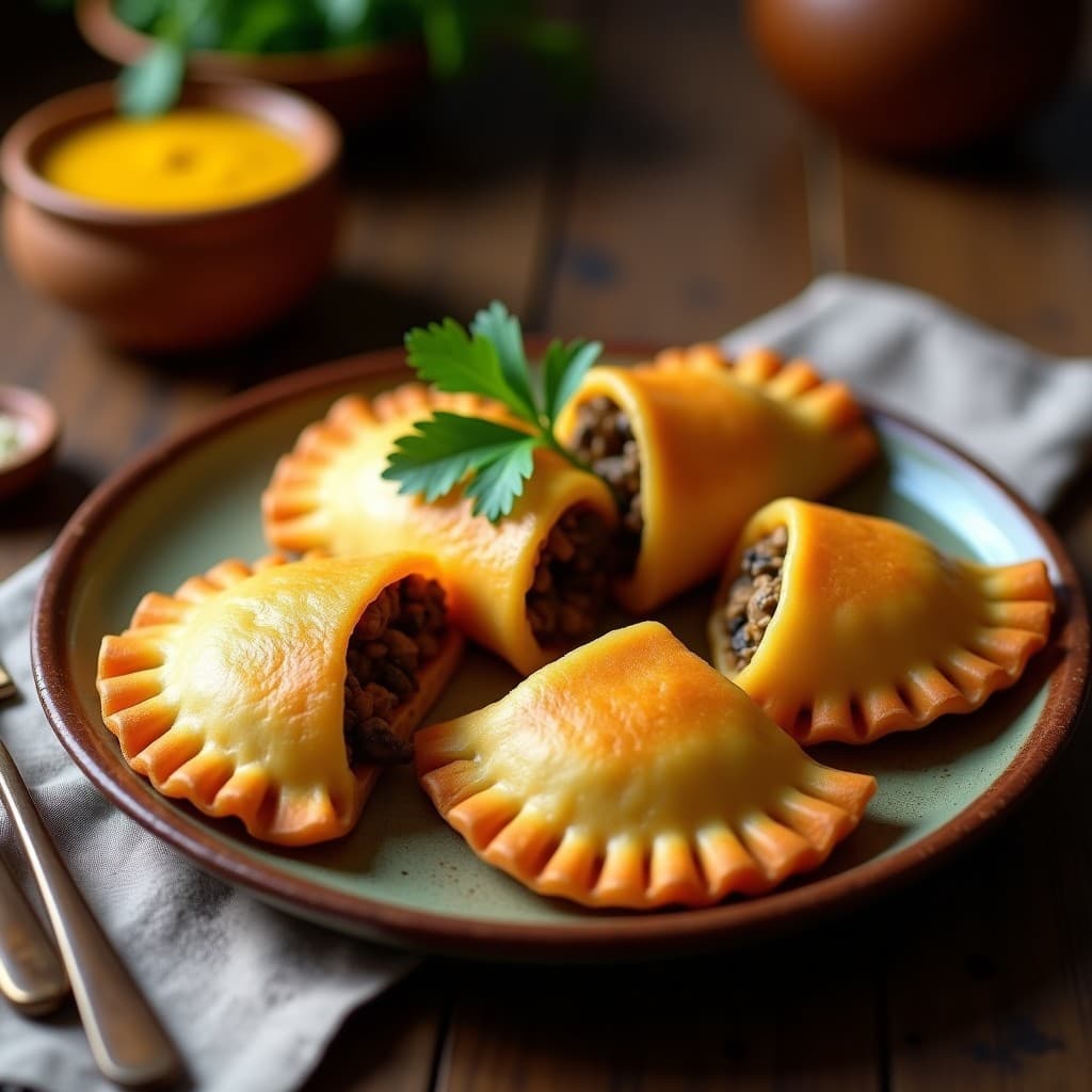 Empanadas doradas y crujientes de yuca rellenas de champiñones, servidas en un plato de barro con salsa de ají amarillo al lado, receta ecuatoriana vegana.