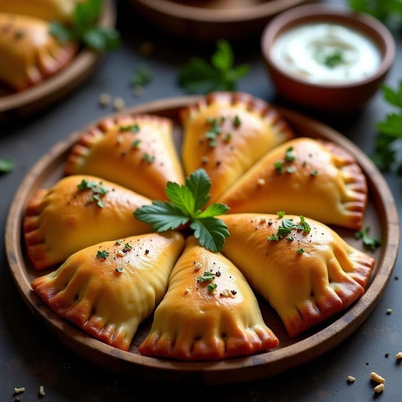 Empanadas de yuca doradas y crujientes rellenas de champiñones y queso de cabra, servidas en una bandeja de madera con hojas de perejil fresco. Receta colombiana tradicional horneada.