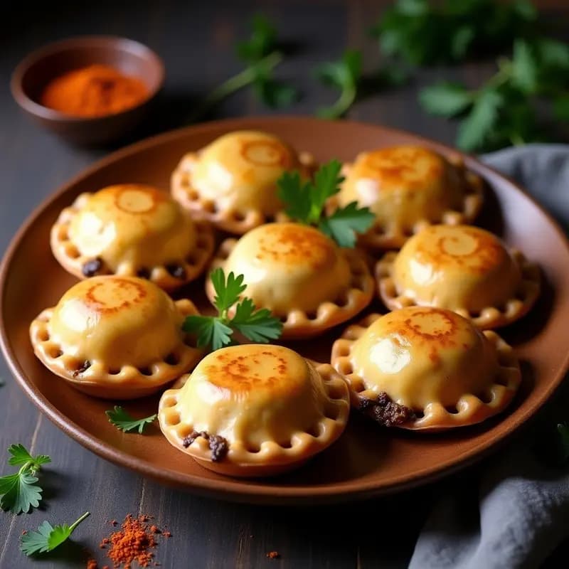 Empanadas de yuca doradas y crujientes rellenas de champiñones portobello y queso vegano de anacardos, servidas en una bandeja de madera con perejil fresco y un dip de yogur de coco al lado. Receta de aperitivo colombiano vegano y sin gluten.