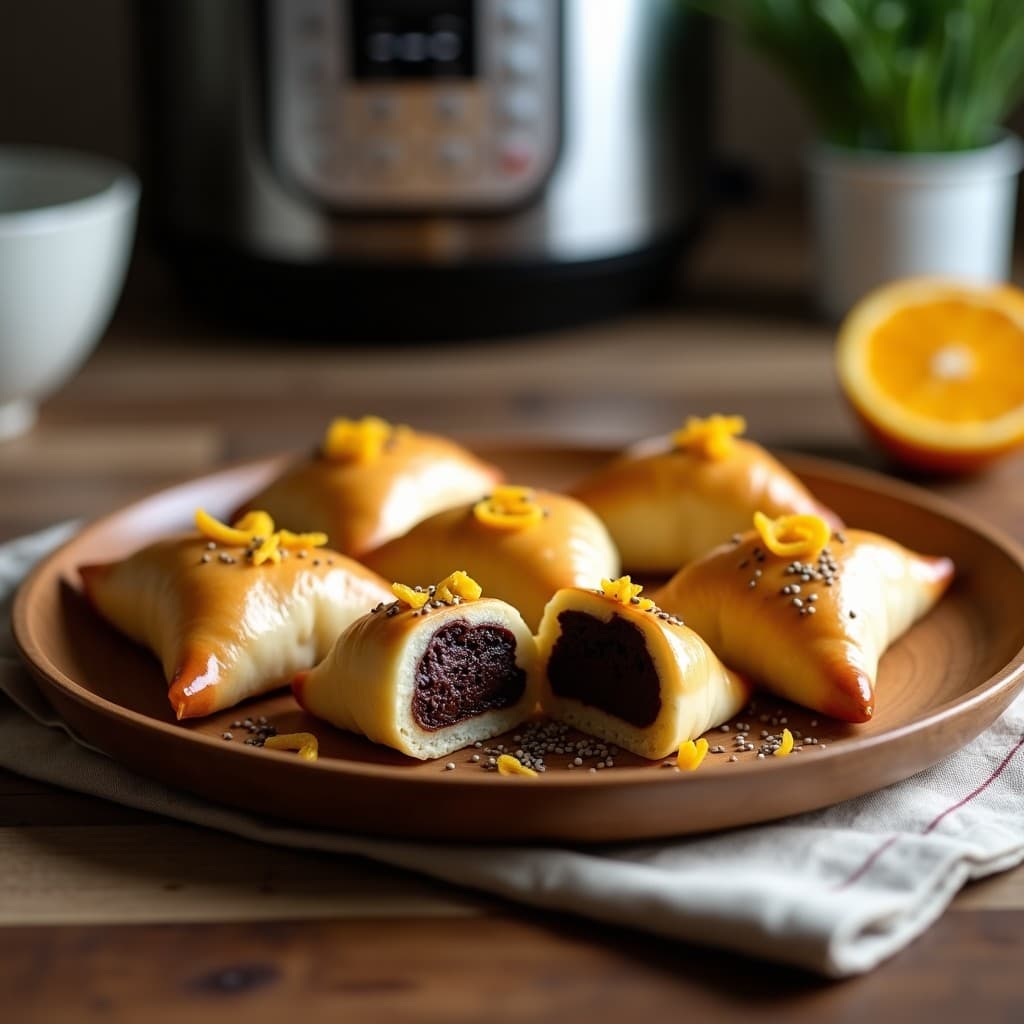 Empanadas doradas de yuca rellenas de chocolate negro fundente, con almendras fileteadas en la superficie, servidas en un plato de cerámica blanca sobre un fondo rústico de madera. Postre sin harina y alto en fibra hecho en olla exprés.