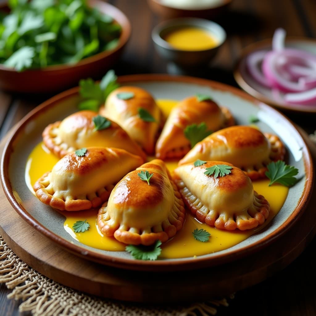 Empanadas doradas de yuca con relleno de chorizo vegano sobre un plato de barro, acompañadas de salsa de ají amarillo brillante y hojas de cilantro fresco. Receta latinoamericana en Thermomix.