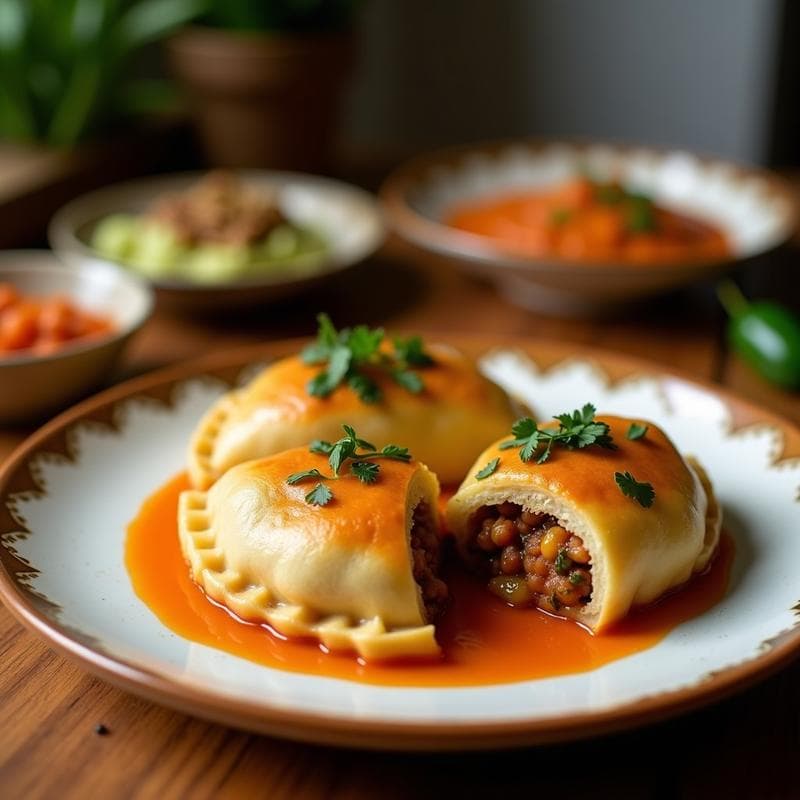 Empanadas doradas y crujientes de yuca rellenas de chorizo vegetal, servidas en un plato blanco con mojo de naranja al lado. Receta colombiana sin gluten, fácil y saludable.