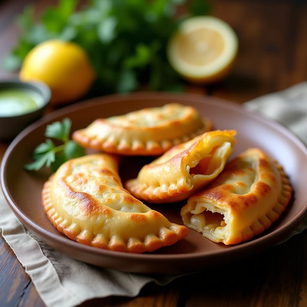 Empanadas doradas de masa de yuca rellenas de congrio y locos, servidas en un plato de barro con hierbas frescas y limón, receta chilena en airfryer.