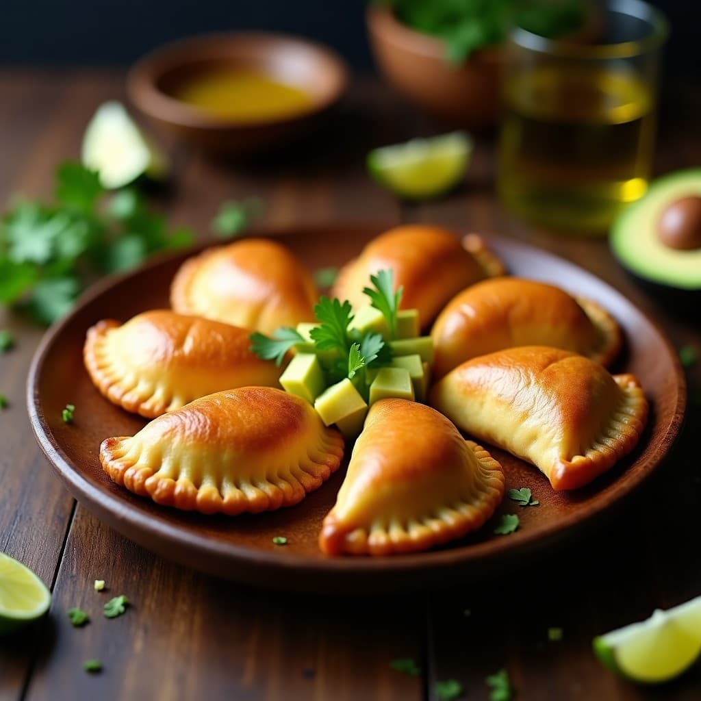Empanadas doradas y crujientes de yuca rellenas de corazón de palma, servidas en un plato de madera rústico con aguacate en cubos y rodajas de limón verde. Receta brasileña en airfryer con toque amazónico.