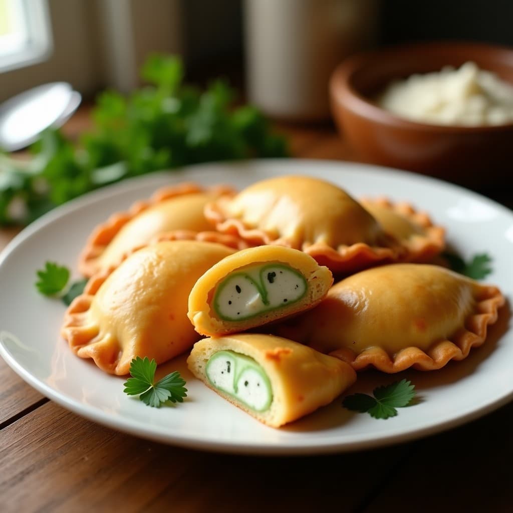Empanadas doradas y crujientes de yuca rellenas de corazón de palma, servidas en un plato blanco con hojas de perejil fresco. Receta colombiana sin gluten para tupper.