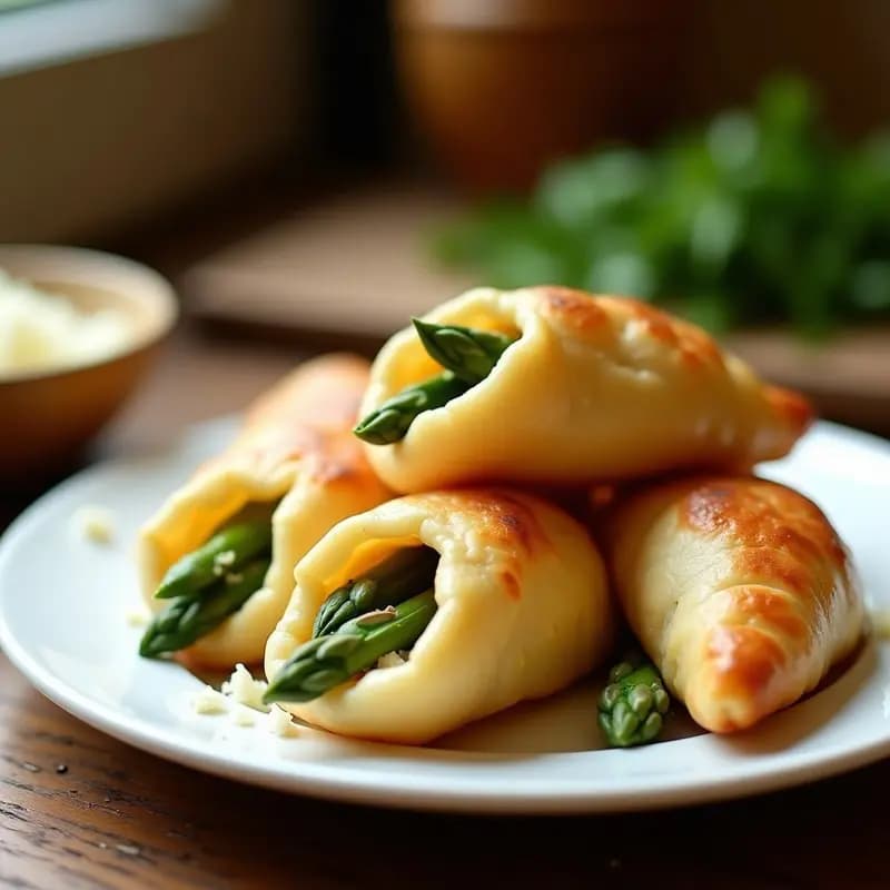 Empanadas doradas y crujientes de masa de yuca rellenas de espárragos trigueros y queso fresco, servidas en un plato de cerámica blanca con un fondo rústico de madera. Receta colombiana sin harina.