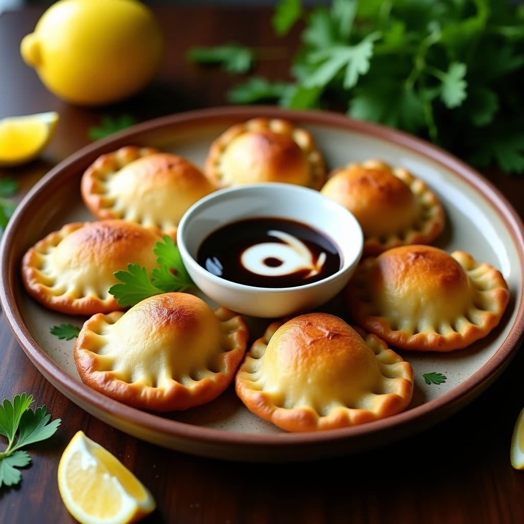 Empanadas doradas y crujientes de yuca rellenas de espárragos trigueros, servidas en un plato de barro con salsa de ajo negro cremosa al lado. Decoradas con hojas de cilantro fresco y rodajas de limón.