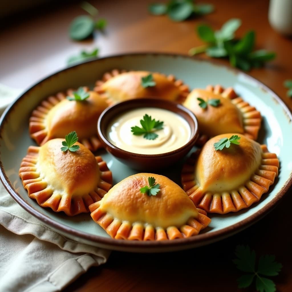 Empanadas doradas y crujientes de yuca rellenas de espinacas, servidas en un plato de barro con salsa de tahini cremosa y cilantro fresco. Receta vegana y sin gluten típica de Colombia.