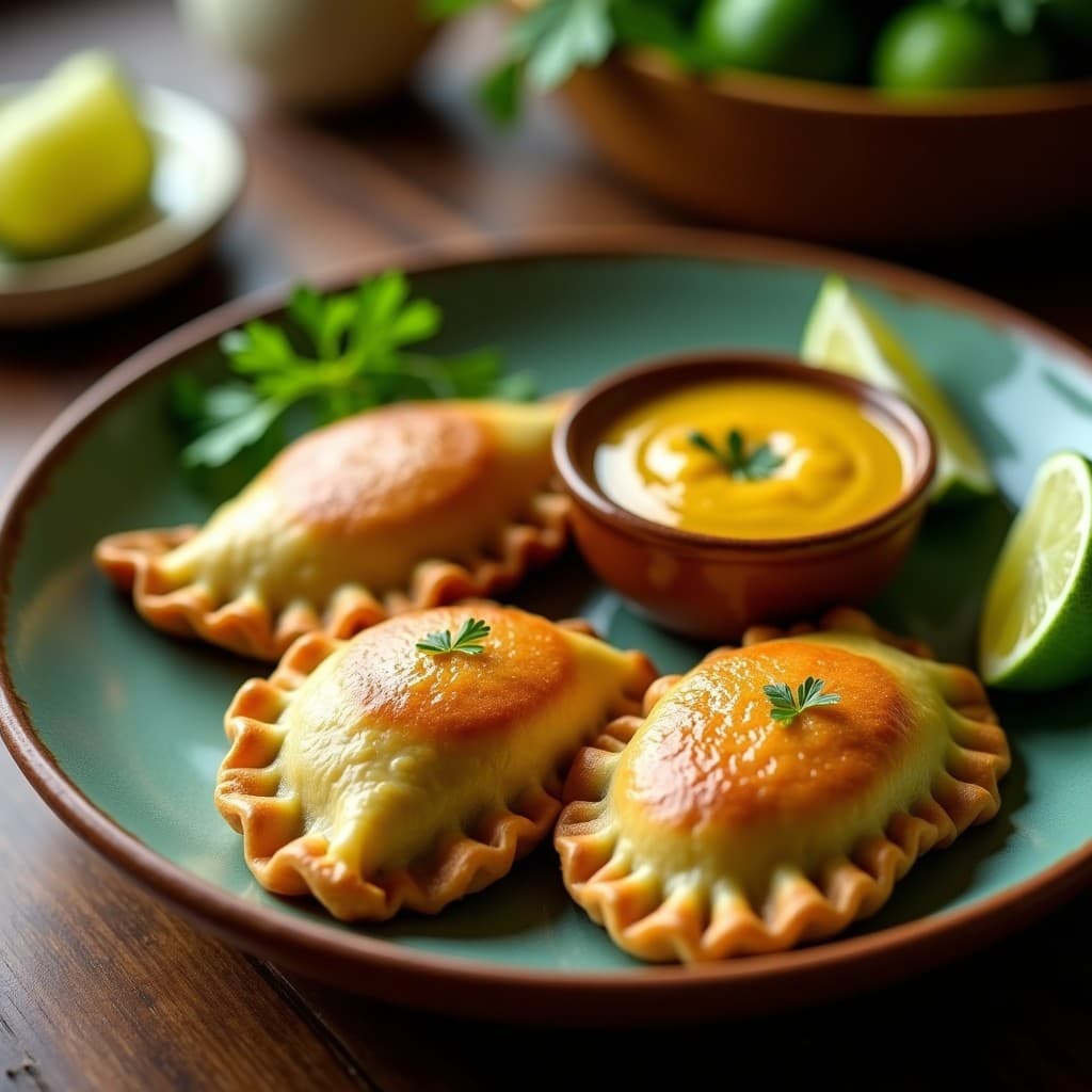 Empanadas doradas y crujientes de yuca y espirulina con relleno de queso de cabra, servidas en un plato de barro con salsa de guayaba brillante y hojas de cilantro fresco, receta brasileña sin harina.