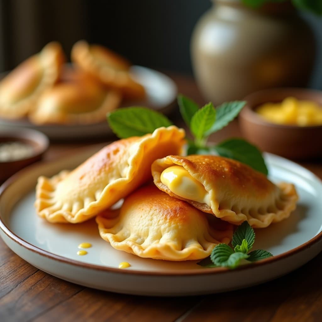 Empanadas de yuca doradas y crujientes rellenas de pulpa de guayaba y queso cremoso, servidas en un plato blanco con hojas de menta. Postre colombiano sin horno.