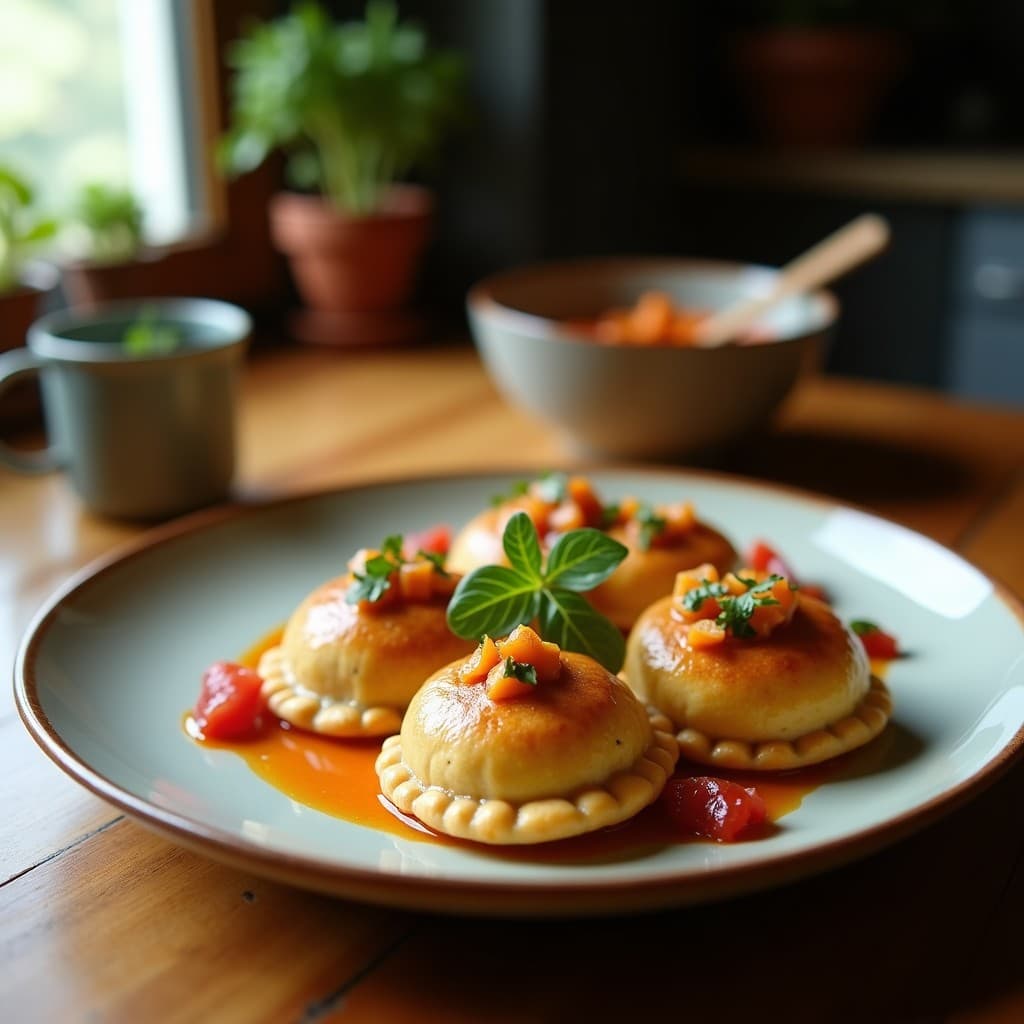 Empanadas doradas y crujientes de yuca rellenas de hongos ostra, servidas sobre hoja de bijao con rodajas de ají charapita y limón amazónico. Receta amazónica en olla lenta.