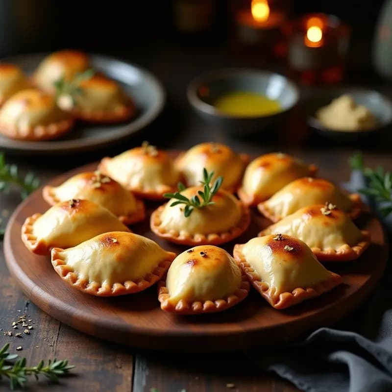 Empanadas doradas de masa de yuca con bordes crujientes, rellenas de hongos porcini y trufa, servidas en una bandeja de madera rústica con un hilo de aceite de trufa y tomillo fresco. Aperitivo colombiano gourmet sin gluten.