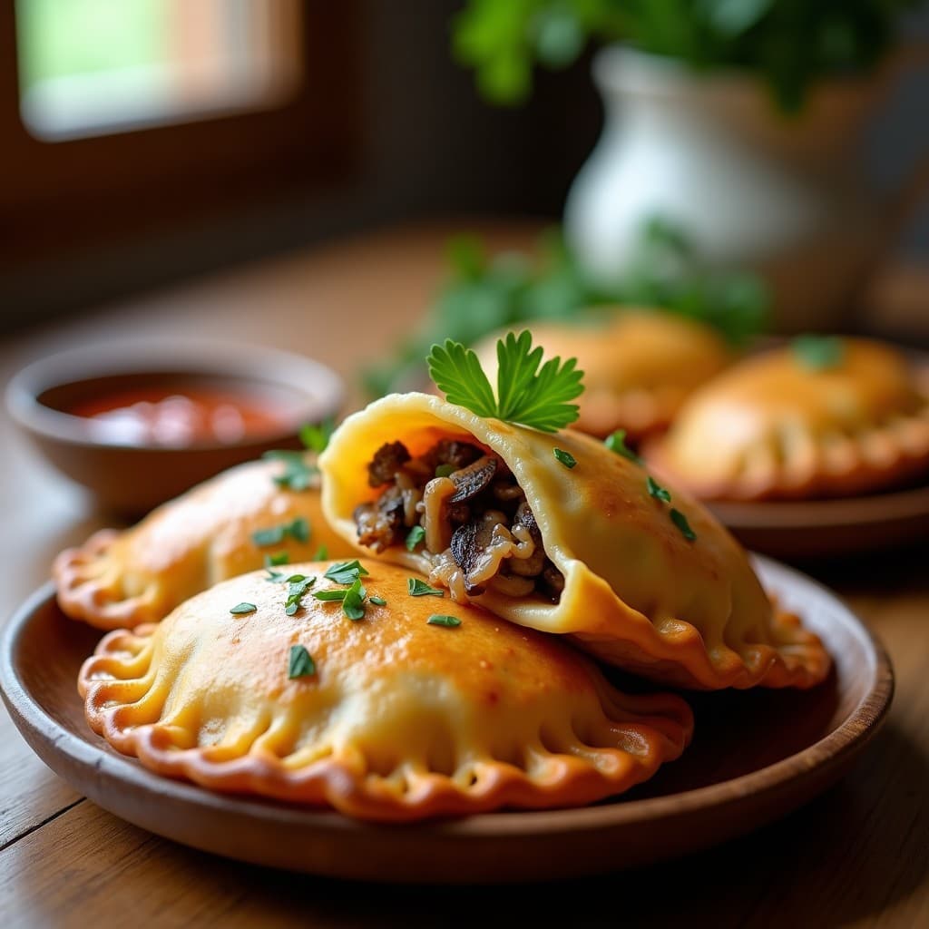 Empanadas doradas y crujientes de yuca rellenas de hongos portobello y cebolla caramelizada, servidas en un plato de madera rústico con perejil fresco y una salsa de ají al lado. Receta colombiana en airfryer.