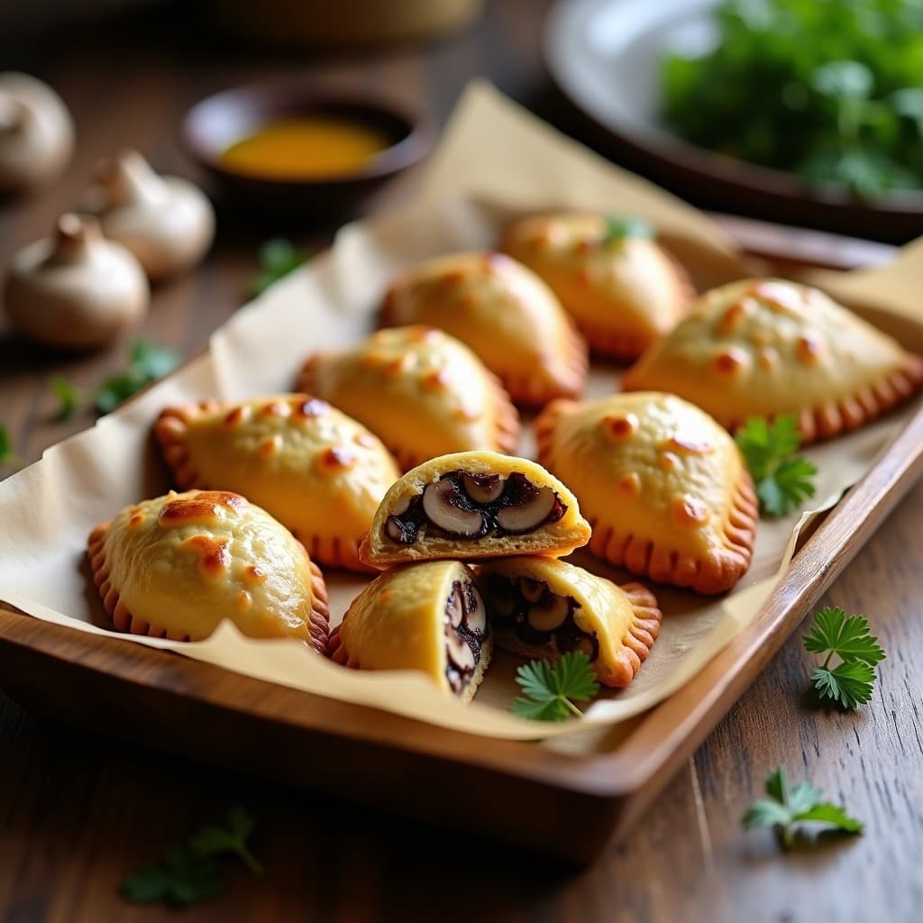 Empanadas doradas y crujientes de masa de yuca rellenas de hongos shiitake y trufa, horneadas a la perfección, con bordes bien sellados y un brillo suave en la superficie.