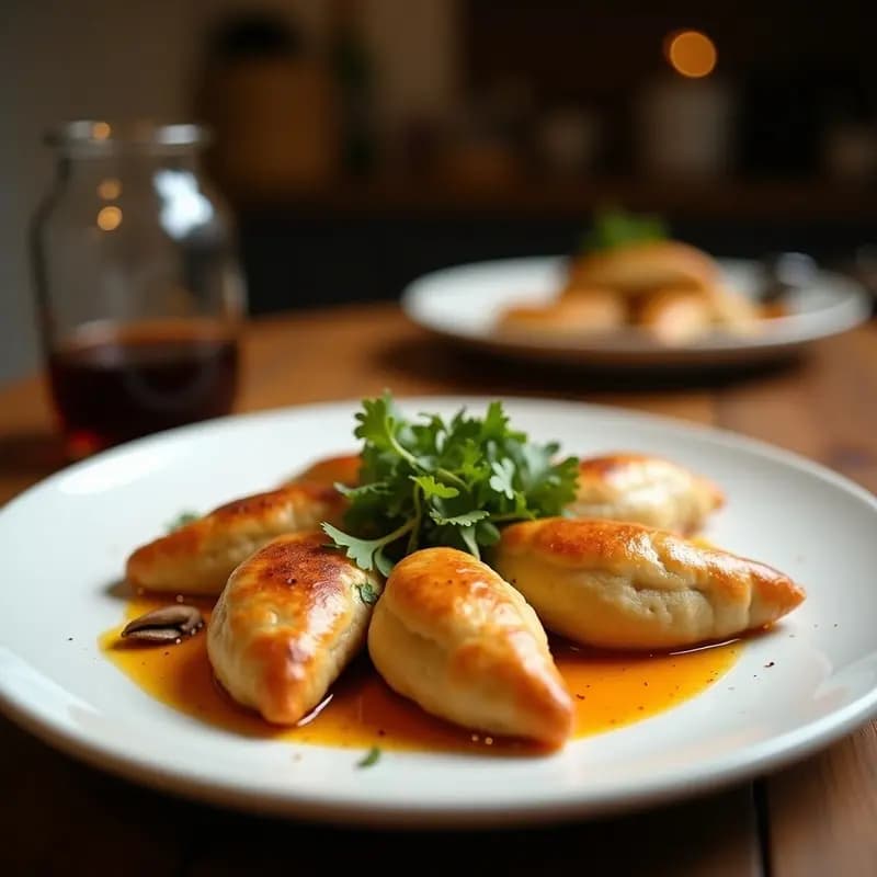 Empanadas doradas de yuca y hongos shiitake veganas sobre papel de horno, con bordes bien sellados y relleno visible en una. Acompañadas de salsa verde y cilantro fresco, receta colombiana sin harina de trigo.