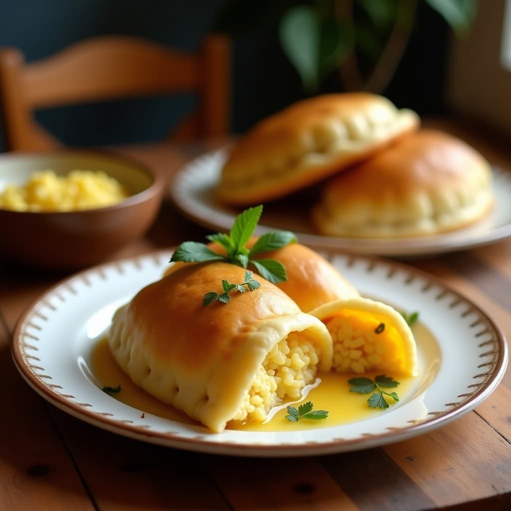 Empanadas doradas y crujientes de masa de yuca rellenas de huevos revueltos y morcilla de arroz especiada, servidas en un plato de barro con hojas de perejil. Receta venezolana sin gluten.