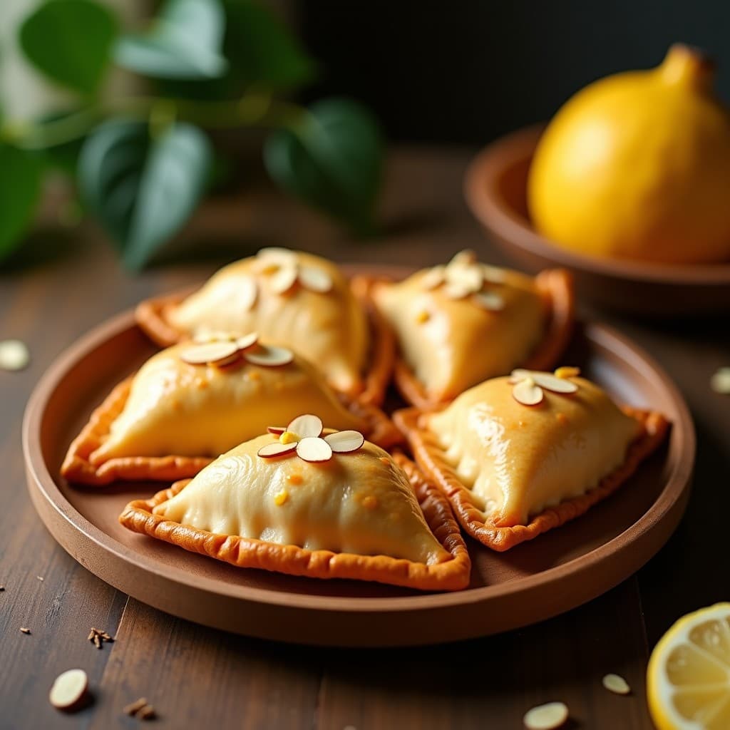 Empanadas doradas y crujientes de masa de yuca rellenas de pulpa de lúcuma, decoradas con almendras fileteadas, servidas en un plato rústico de madera con un fondo de hojas verdes. Postre colombiano sin gluten en airfryer.
