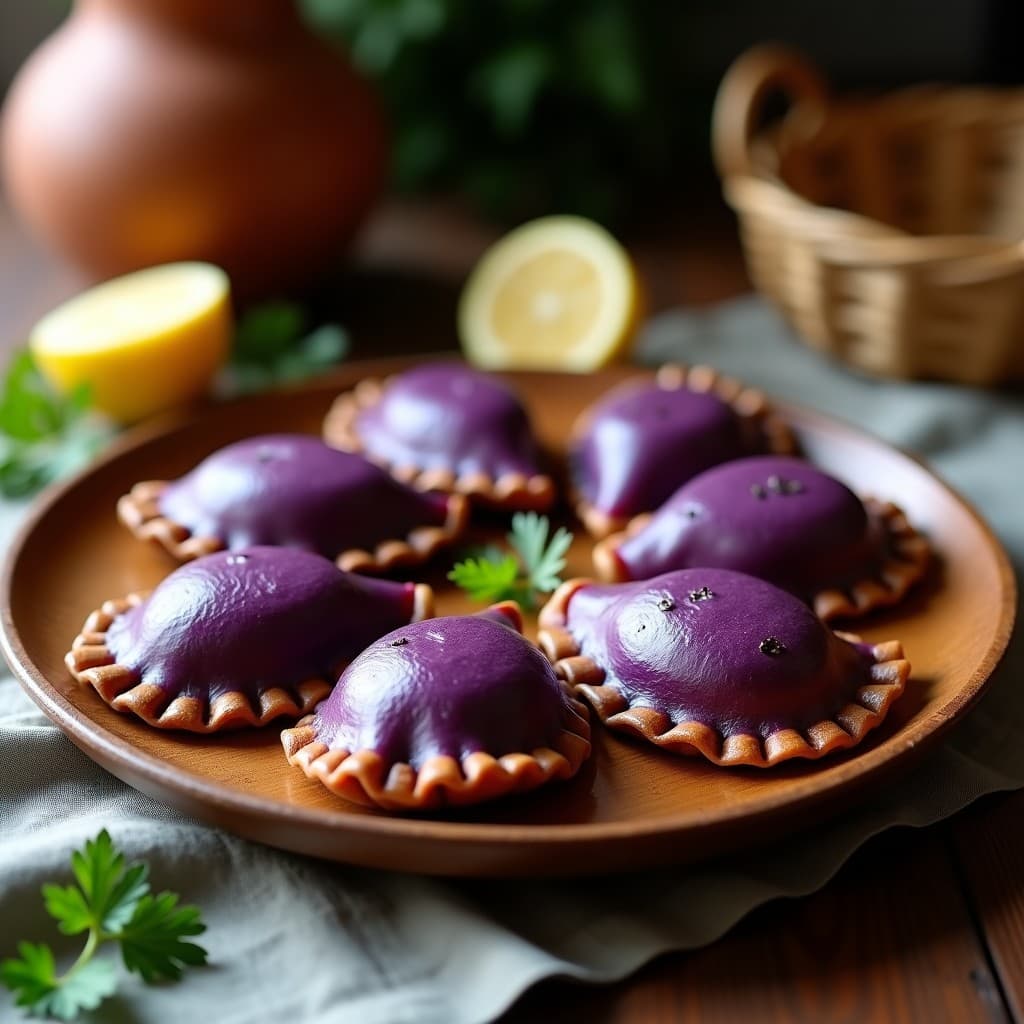 Empanadas doradas de yuca morada rellenas de champiñones portobello, servidas en un plato de madera rústico con perejil fresco espolvoreado y un dip cremoso al lado. Receta colombiana sin gluten.