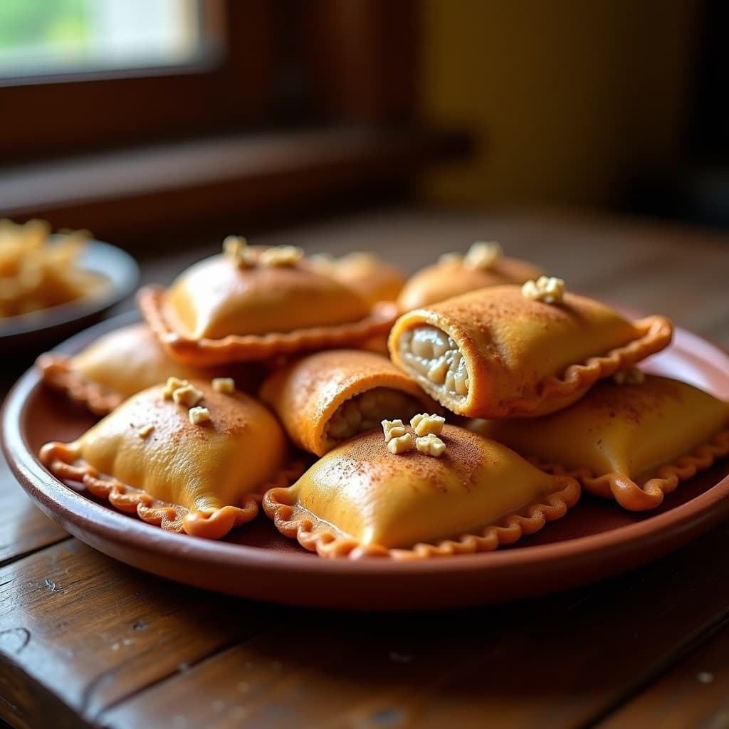 Empanadas doradas de yuca morada con bordes crujientes, rellenas de chongos zamoranos cremosos, decoradas con nueces picadas y espolvoreadas con canela, sobre un plato de barro rústico con fondo borroso de cocina tradicional mexicana.
