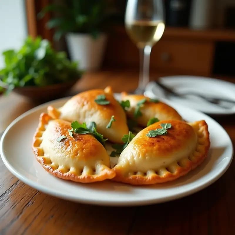 Empanadas doradas de yuca rellenas de morcilla de berenjena, servidas en un plato de barro con hojas de cilantro fresco. Receta colombiana sin gluten cocinada en olla express.