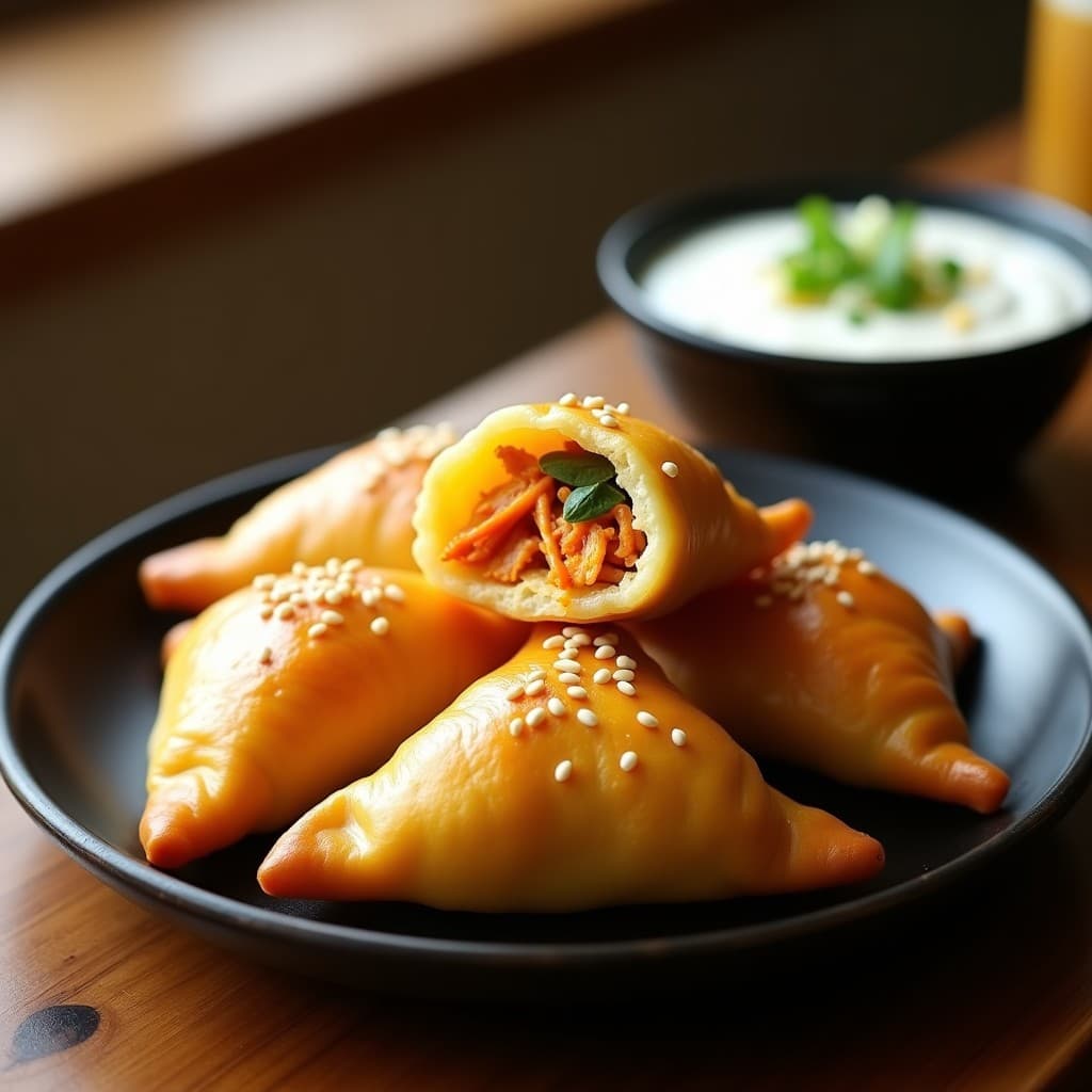 Empanadas doradas y crujientes de masa de yuca rellenas de pollo al curry, con semillas de sésamo espolvoreadas, servidas en un plato de cerámica negra con salsa de yogur y hierbas frescas. Receta coreana-fusión en airfryer.