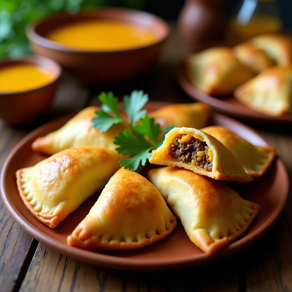 Empanadas doradas y crujientes de masa de yuca rellenas de pabello al ají amarillo, servidas en un plato rústico de barro con hojas de cilantro y rodajas de ají amarillo como decoración, receta colombiana en airfryer.