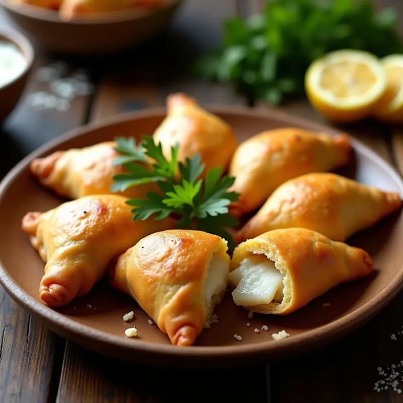 Empanadas de yuca doradas y crujientes rellenas de pabllo a la plancha, servidas en un plato de madera rústico con salsa de yogur y cilantro. Receta colombiana sin harina de trigo.