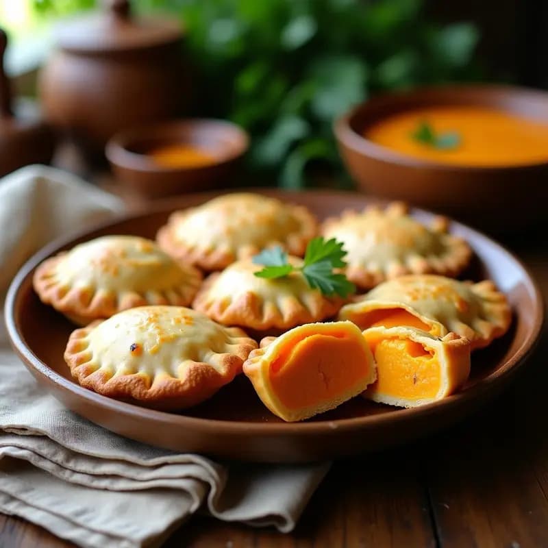 Empanadas doradas de masa de yuca rellenas de pescado ahumado y crema de auyama, servidas en un plato de barro con un fondo rústico. Receta venezolana sin harina.