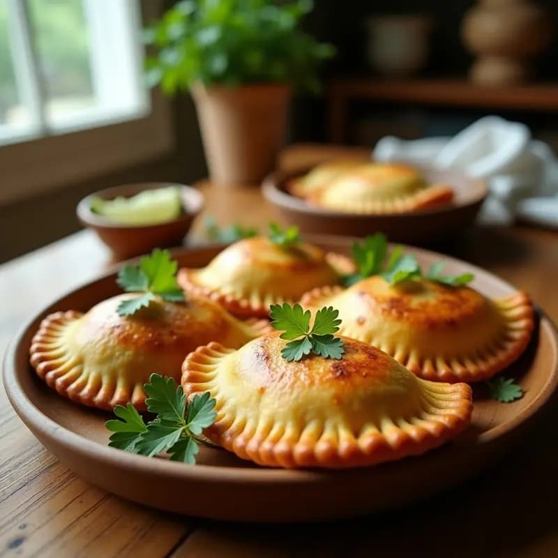 Empanadas brasileñas de yuca rellena de pescado ahumado doradas y crujientes, servidas en un plato de madera rústico con hojas de cilantro fresco y rodajas de limón verde. Receta sin gluten en airfryer.