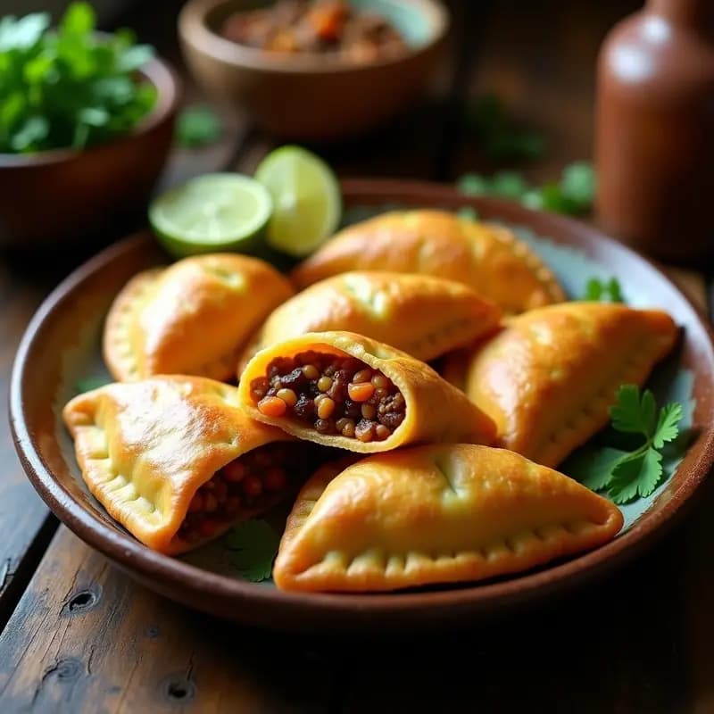 Empanadas de masa de yuca doradas y crujientes rellenas de picadillo de lentillas y pasas, dispuestas en un plato de barro rústico con hojas de cilantro fresco y una salsa verde al lado. Receta vegana venezolana tradicional.