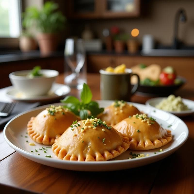 Empanadas de yuca doradas y crujientes rellenas de picadillo de lentillas, dispuestas en una bandeja de horno con papel vegetal. Plato típico colombiano sin gluten, ideal para aperitivos o entrantes.