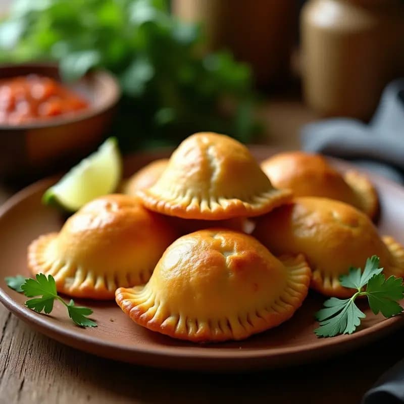 Empanadas de yuca doradas y crujientes rellenas de picadillo de seitán, servidas en un plato de madera con hojas de cilantro y salsa picante al lado, receta cubana vegana en airfryer.