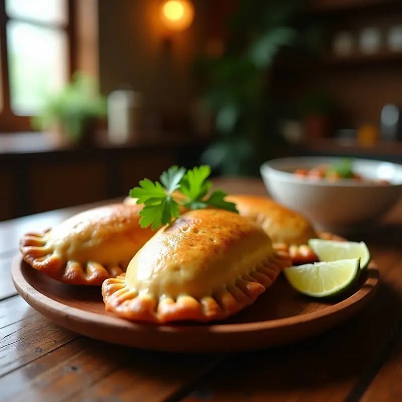 Empanadas doradas de masa de yuca rellenas de picadillo de seitán, servidas en un plato de madera rústico con hojas de cilantro fresco y rodajas de limón. Receta colombiana vegana para tupper.