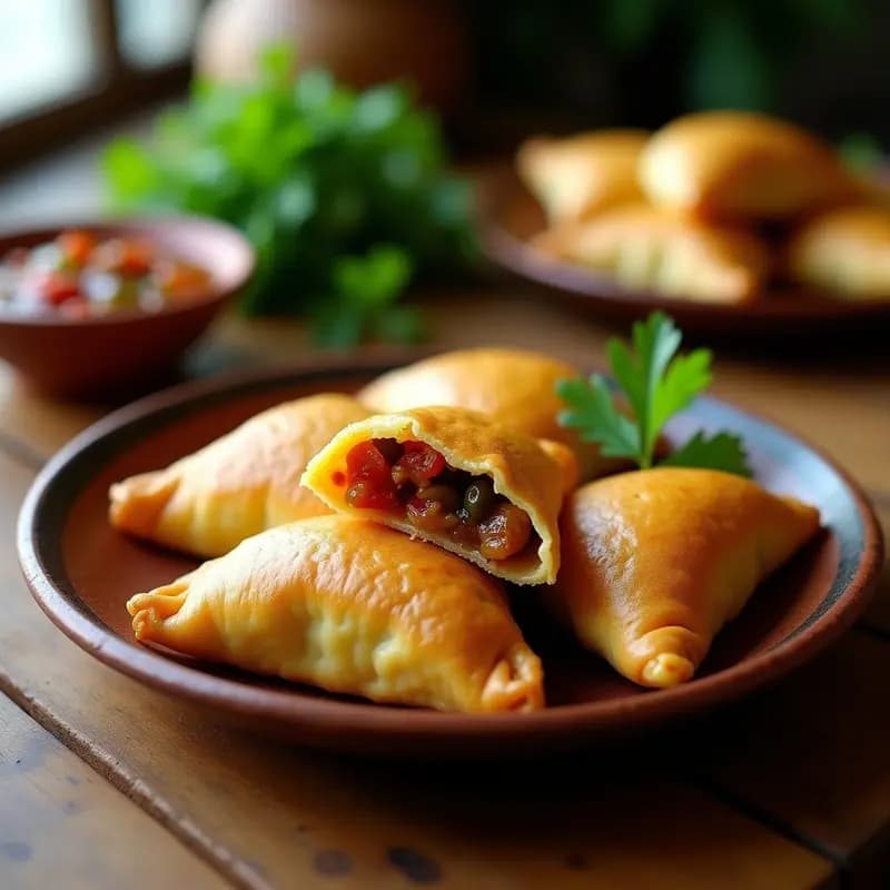 Empanadas doradas y crujientes de masa de yuca rellenas de picadillo de sofritú puertorriqueño, servidas en un plato de madera rústico con hojas de recao y rodajas de limón al lado.