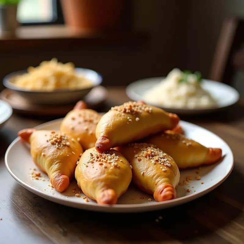 Empanadas doradas de masa de yuca rellenas de pollo al chili, con bordes bien sellados y queso derretido asomando. Servidas en un plato de madera rústico con hojas de cilantro fresco y una salsa cremosa al lado.