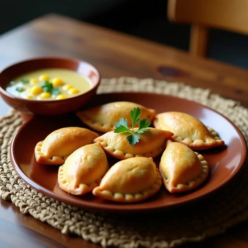Empanadas doradas y crujientes de yuca rellenas de pollo al estilo colombiano, servidas en un plato de barro con un bol de ajiaco cremoso al lado, decorado con cilantro fresco.
