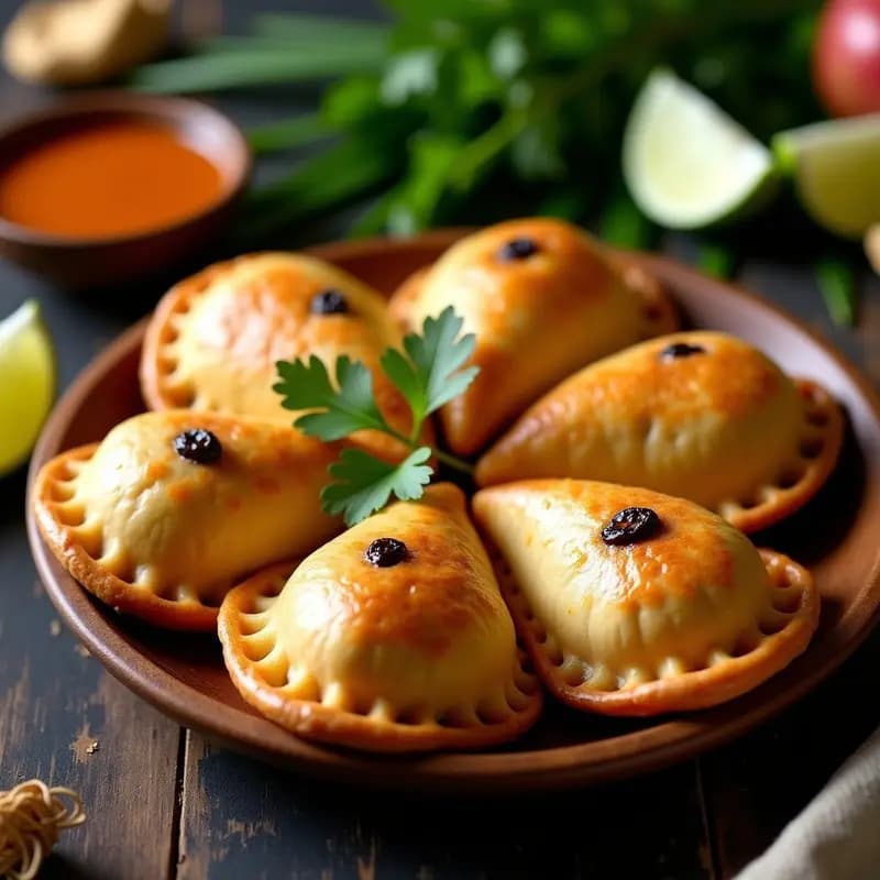Empanadas de yuca doradas y crujientes con relleno de pollo al curry y pasas, dispuestas en un plato de madera rústico con hojas de cilantro fresco y rodajas de lima al lado. Receta caribeña sin harina.
