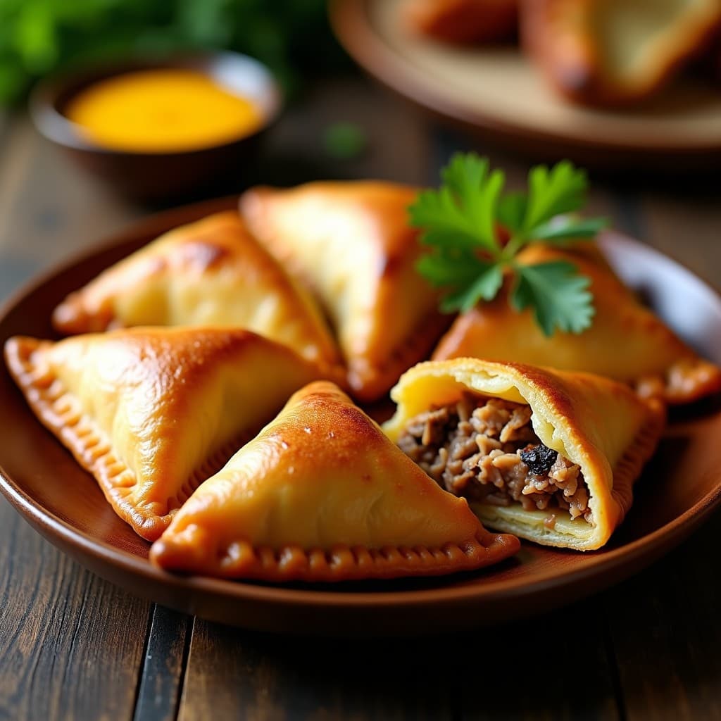 Empanadas doradas y crujientes de yuca rellenas de pollo a la brasa, con un acabado brillante, servidas sobre un plato de madera rústico con hojas de culantro fresco y rodajas de limón al lado. Receta peruana keto en airfryer.