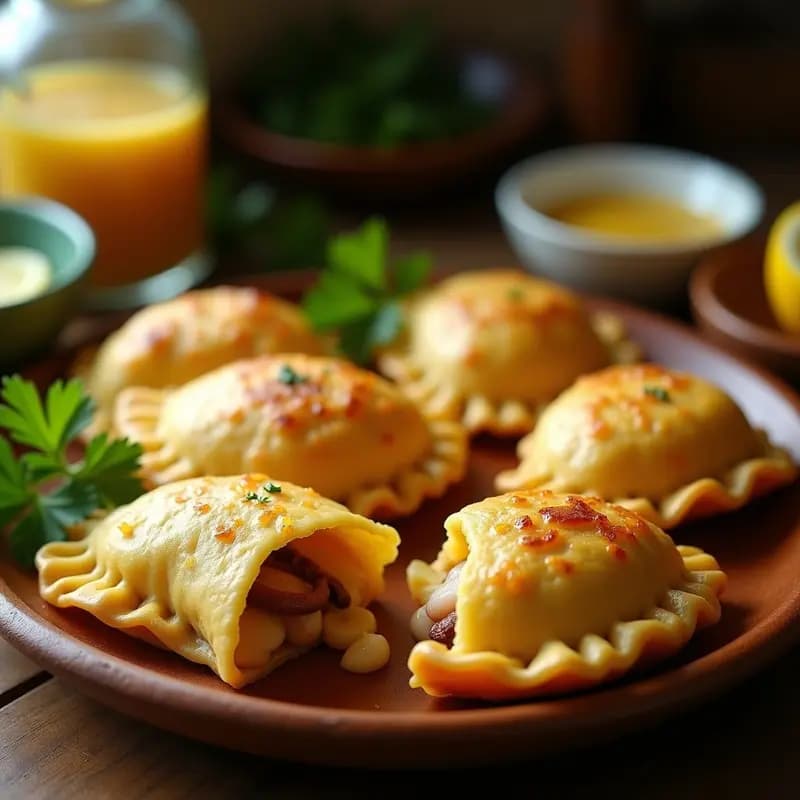 Empanadas doradas y crujientes de yuca rellenas de pulpo al ají limón, servidas en un plato de madera con rodajas de limón y perejil fresco, receta peruana en airfryer.