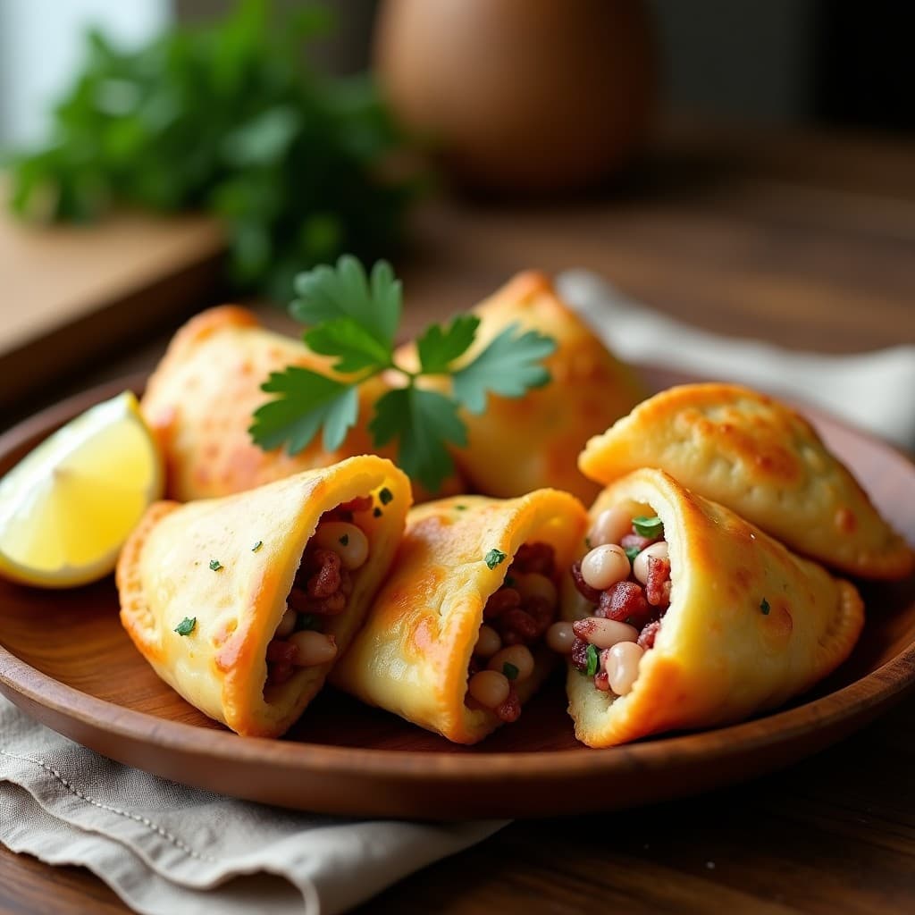 Empanadas doradas y crujientes de masa de yuca rellenas de pulpo al ajillo, servidas en un plato de madera rústico con hojas de perejil fresco y rodajas de limón. Receta colombiana gourmet en airfryer.