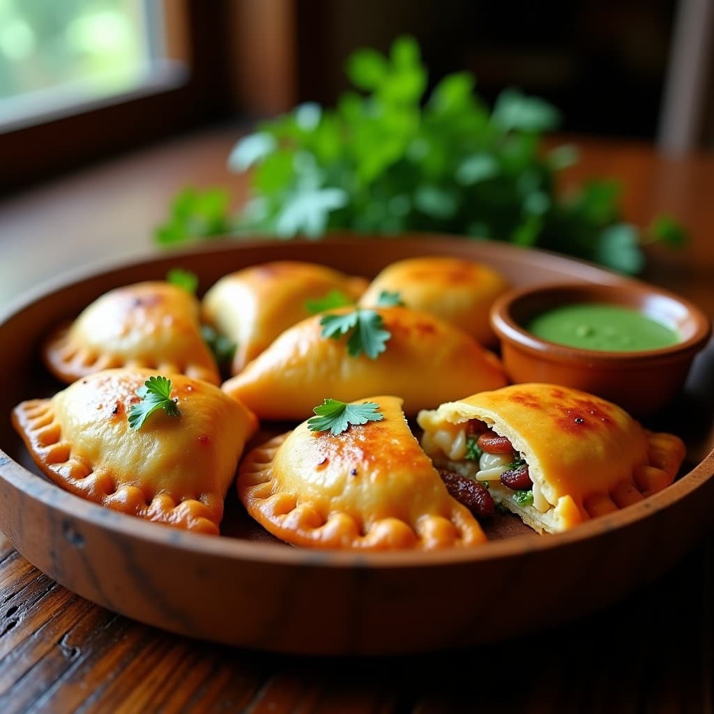Empanadas de yuca doradas y crujientes rellenas de pulpo al ajillo costarricense, servidas en un plato de madera rústico con hojas de cilantro y rodajas de limón al lado. Receta tradicional en airfryer.