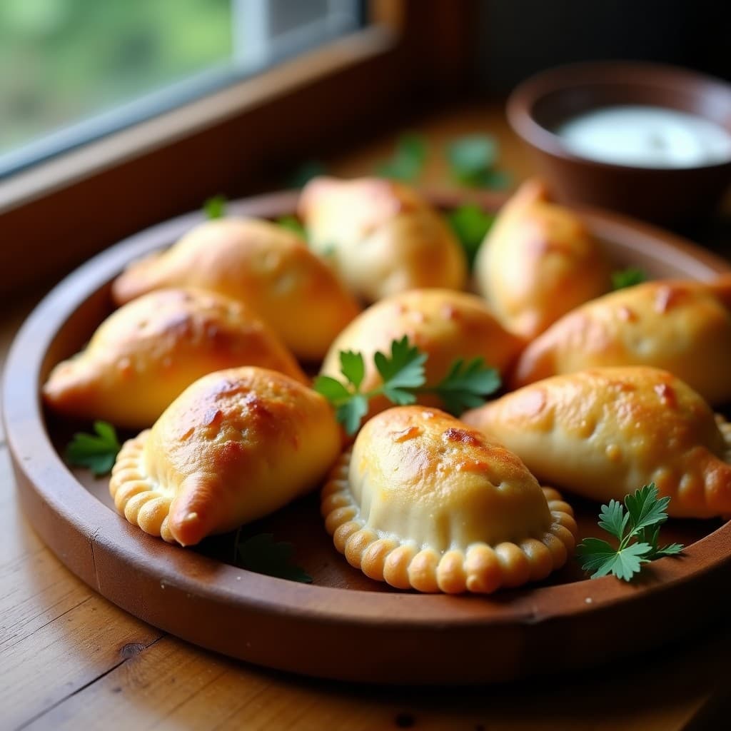 Empanadas de yuca doradas al horno con bordes bien sellados, rellenas de queso de anacardos cremoso y champiñones salteados, servidas en un plato de madera rústico con hierbas frescas.