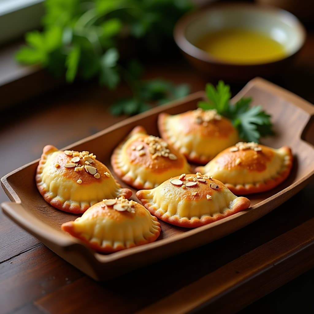 Empanadas doradas de yuca y queso de cabra keto con miga de almendra tostada, dispuestas en una bandeja de madera rústica con hierbas frescas y un fondo borroso de cocina tradicional colombiana.