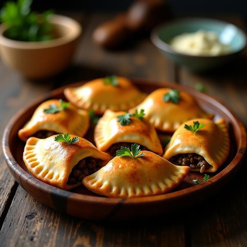 Empanadas brasileñas keto de yuca doradas y crujientes, rellenas de champiñones portobello salteados y queso de cabra desmenuzado, servidas en una bandeja de madera rústica con perejil fresco.