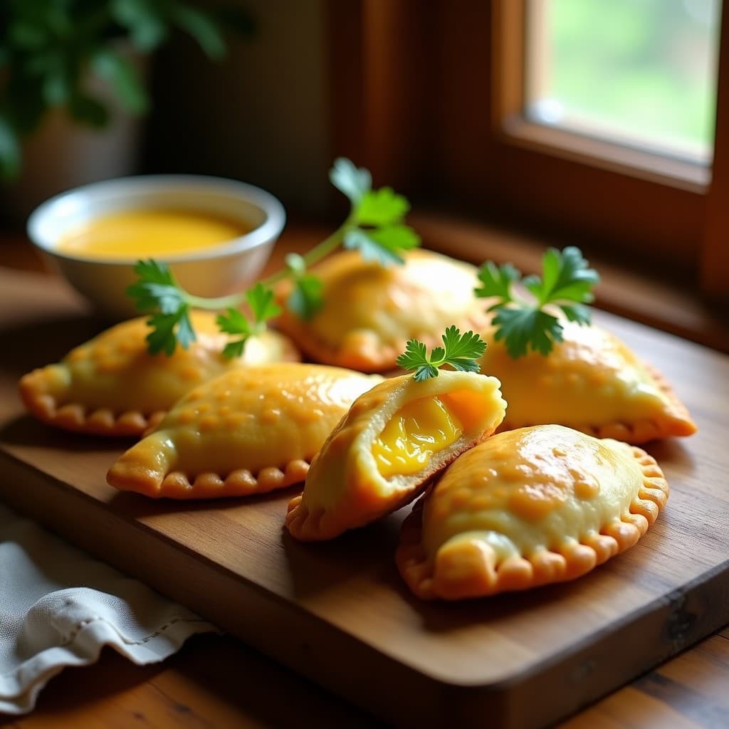Empanadas doradas y crujientes de yuca rellenas de queso cremoso de caju y ají amarillo, servidas en una bandeja de madera con hojas de cilantro fresco como decoración. Receta sin gluten y sin lactosa.