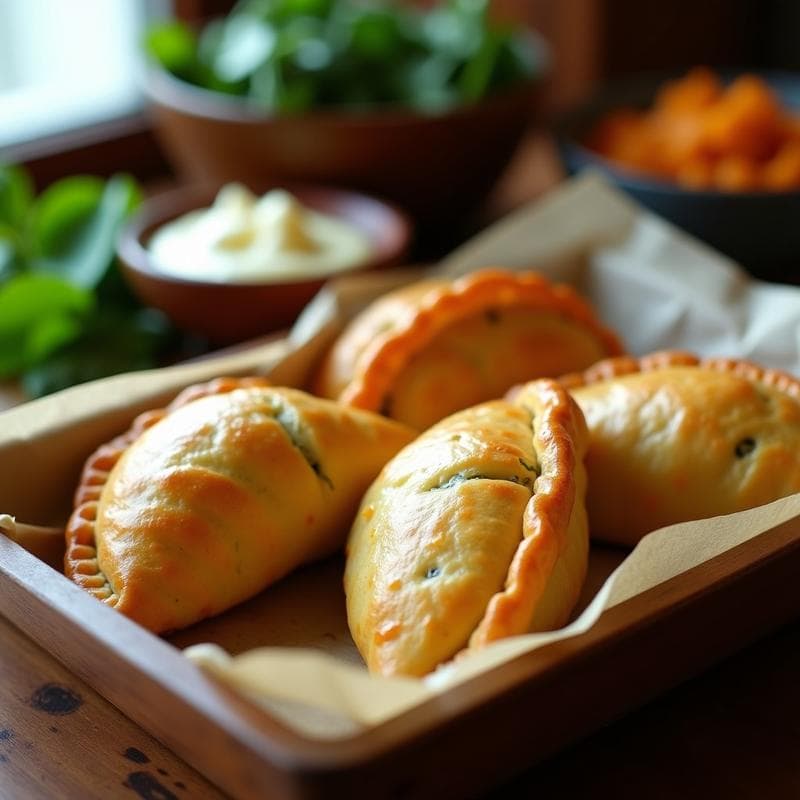 Empanadas doradas y crujientes de yuca rellenas de queso de castaña, servidas en una bandeja de madera con perejil fresco. Receta sin harina y sin lactosa al horno.