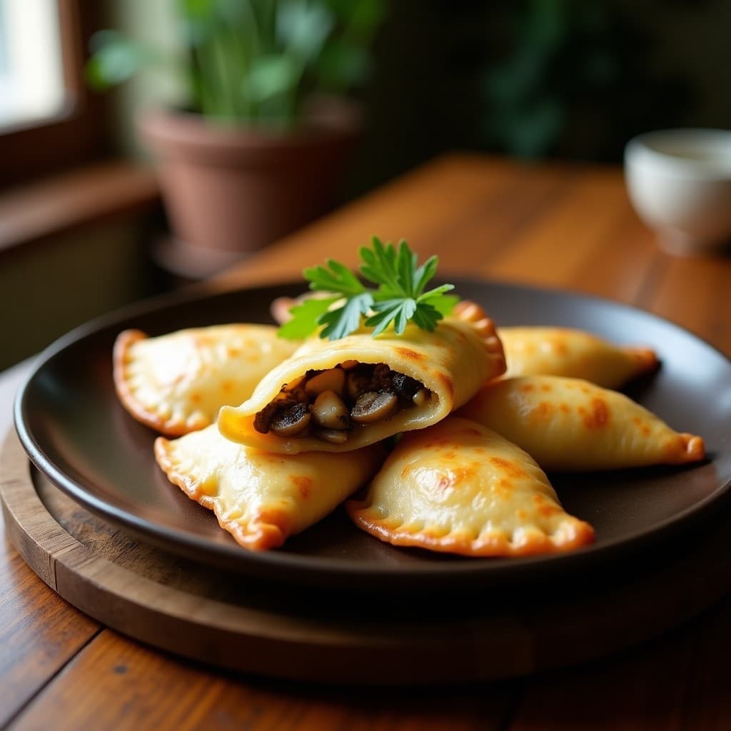 Empanadas doradas de masa de yuca rellenas de champiñones y queso de castañas, servidas en un plato rústico de barro con perejil fresco. Receta sin gluten en olla exprés.