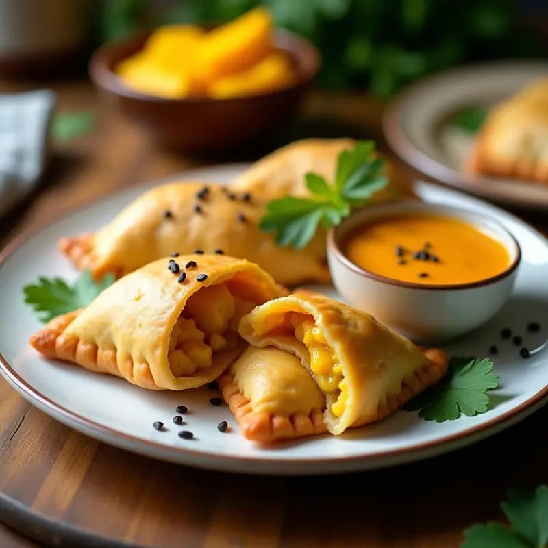 Empanadas doradas y crujientes de masa de yuca rellenas de queso de cúrcuma, servidas en un plato de madera rústico con un bol pequeño de salsa de mango habanero de color naranja intenso. Decoradas con hojas de cilantro fresco y rodajas de limón al fondo. Receta caribeña sin gluten.
