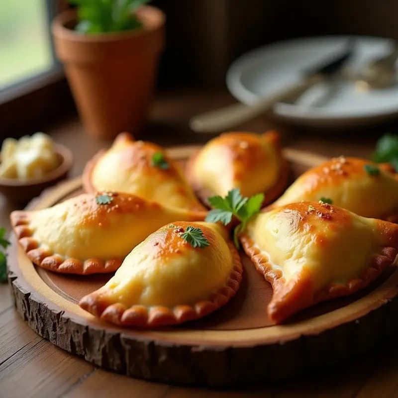 Empanadas doradas y crujientes de masa de yuca rellenas de queso fresco, servidas en una bandeja rústica con hierbas frescas y salsa de ají al lado, aperitivo colombiano tradicional.