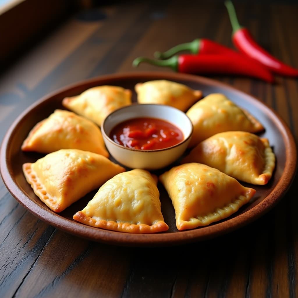 Empanadas doradas y crujientes de yuca rellenas de queso de hebra, servidas en un plato rústico de barro con un cuenco pequeño de salsa de ají rojo al lado. Receta paraguaya tradicional adaptada al airfryer, sin gluten y con textura cremosa.